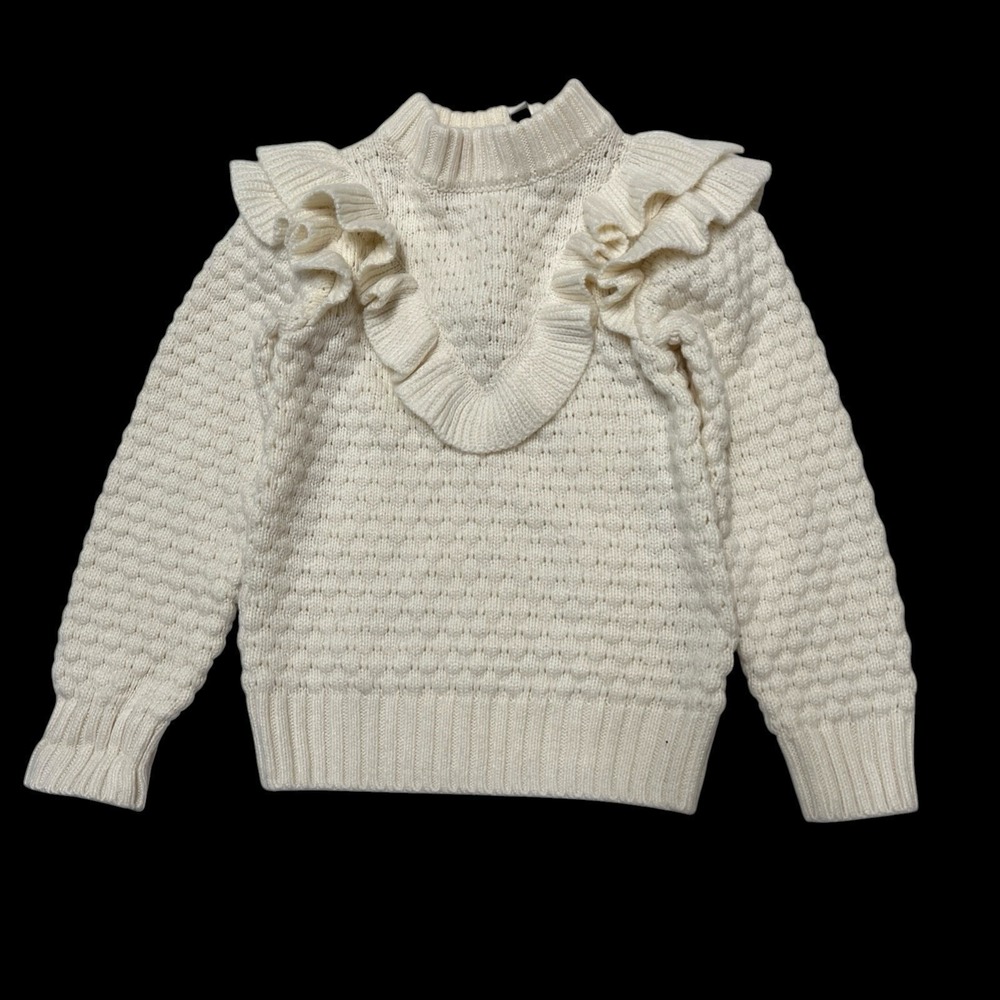 Janie And Jack Sweater Ivory Textured Knit Ruffle 3T High Neck Neutral Holiday